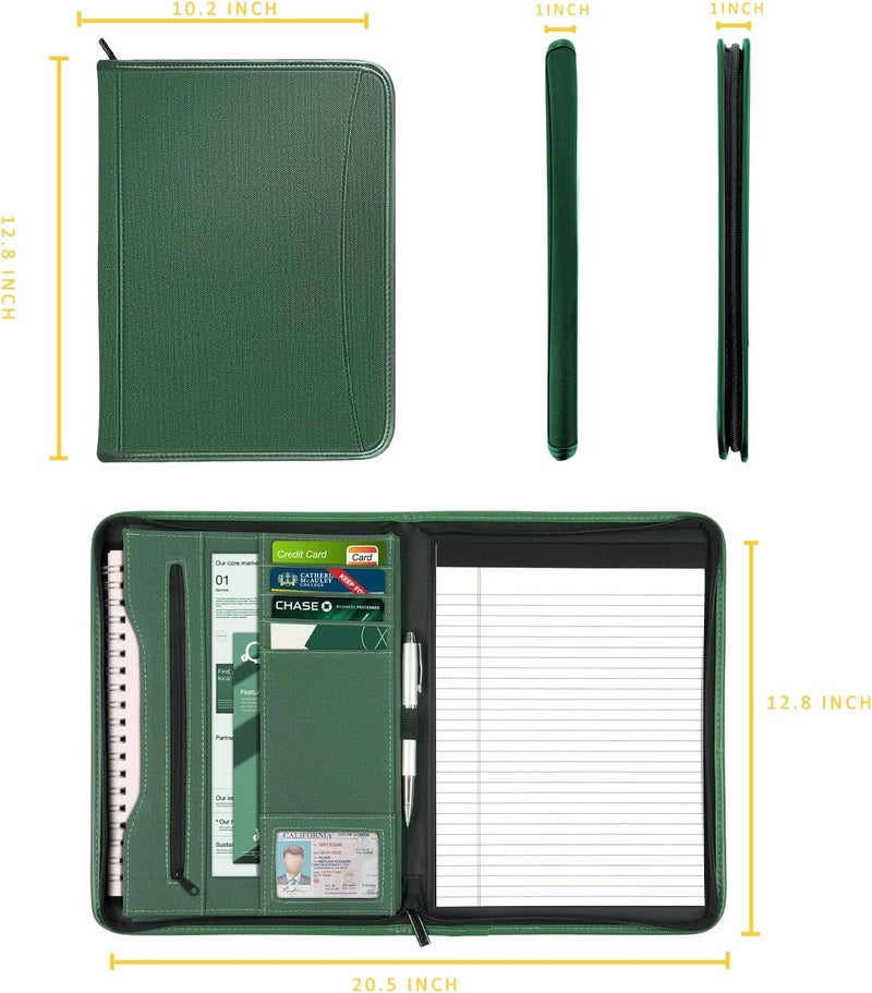 Gorbado Zippered Portfolio Organizer/ A4 Refillable Lined Writing Notepad Folder Case/Fabric-Covered Padfolio Binder with Interior Storage Pocket for Men Women.Green - Image 2